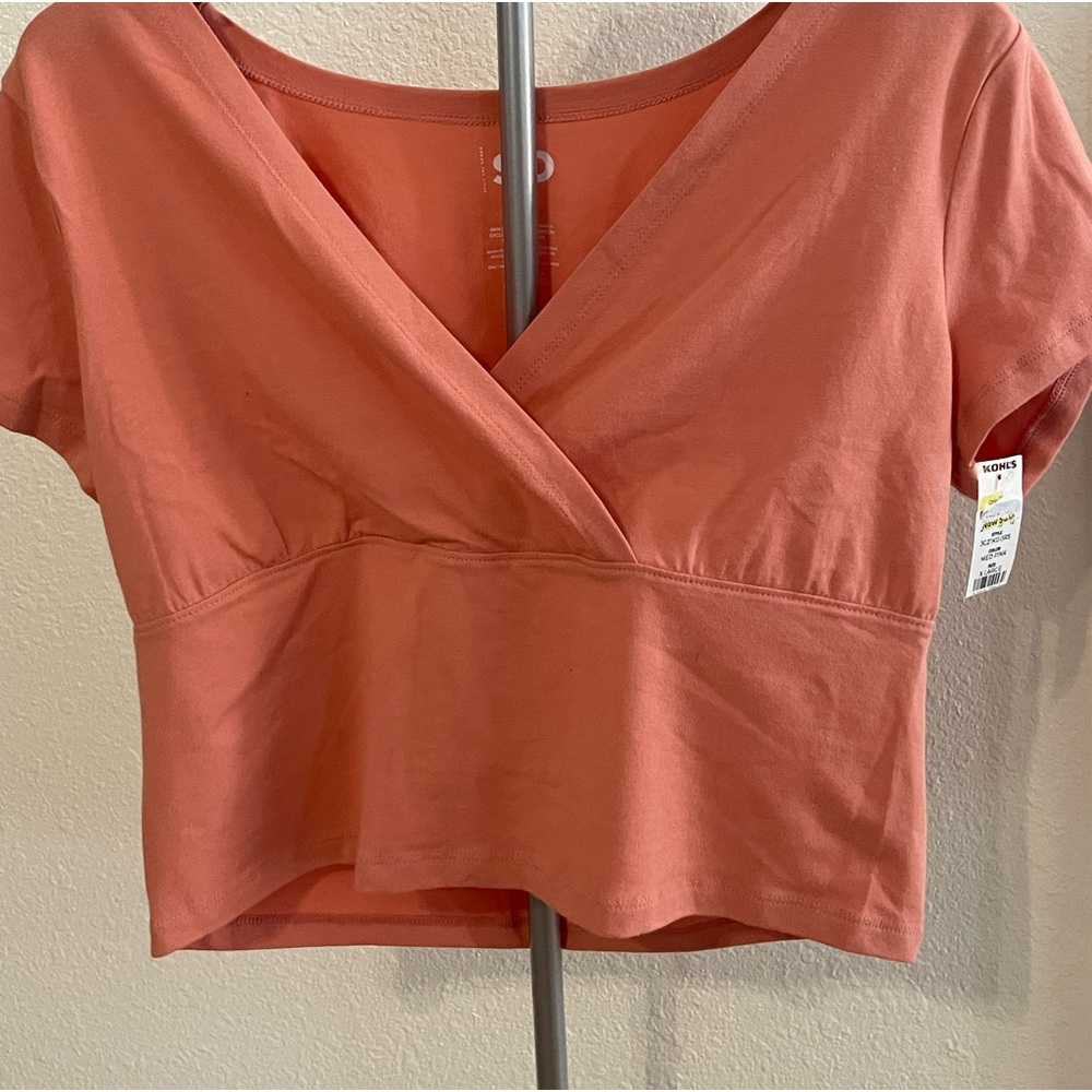 SO peach pink short sleeve faux wrap front crop top XL